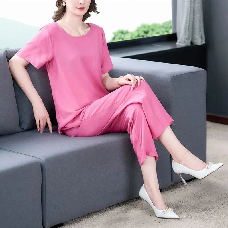 Cotton Silk Suit Summer Women's Sets New Casual Solid Color Short Sleeve Ankle-Length Pants 2 Piece Set Middle Age Mother Outfit