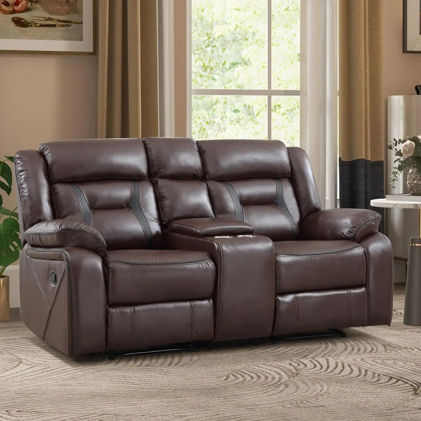 Faux Leather Manual Loveseat Recliner, 2 Seat Reclining Sofa Chair with Center Console, Hidden Storage and Cup Holders,, Custom