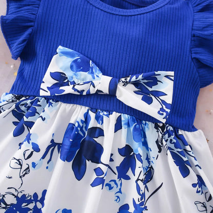 Baby Girl Dress Summer Cotton Bow Print Small Fly Sleeves Girls Dresses Sweet And Cute Beach Baby Girl Clothing