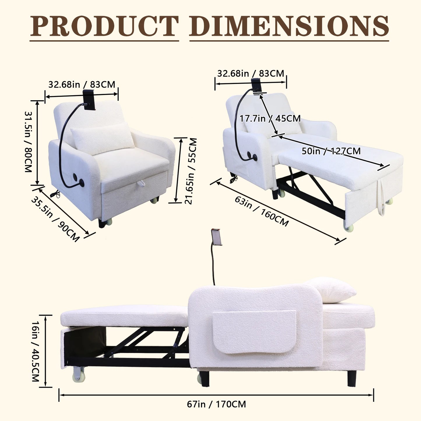 3-in-1 Convertible Sofa Bed, Sleeper Sofa Chair with Phone Holder & USB Port, Sofa Side Table, Pull Out Sofa Bed with Moving Wheels, Adjustable Backrest for Living Room, Bedroom