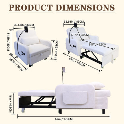 3-in-1 Convertible Sofa Bed, Sleeper Sofa Chair with Phone Holder & USB Port, Sofa Side Table, Pull Out Sofa Bed with Moving Wheels, Adjustable Backrest for Living Room, Bedroom