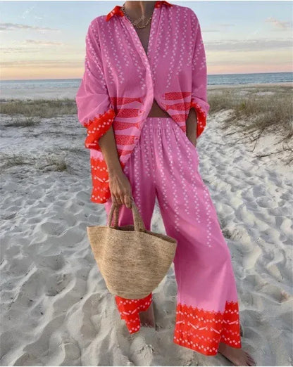 Fashion Print Beach Holiday 2-Piece Set Women Spring Summer Long Sleeve Shirt Top + Wide Legs Women's Oversized Two-Piece Outfit