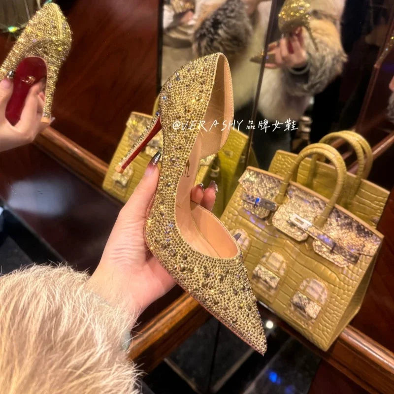 Red Sole Shoes High Heels Wedding Women Shoes Diamond Pumps  Heel 10cm Crystal Shoes Rhinestone Pointed Toe Glitter Party Heels