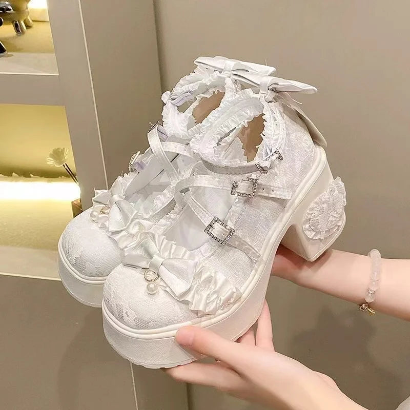 Fashion Mary Jane Women's Shoes Elegant Temperament Soft Sole Lace Lolita High Heels Beautiful Princess Shoes for Women Tacones