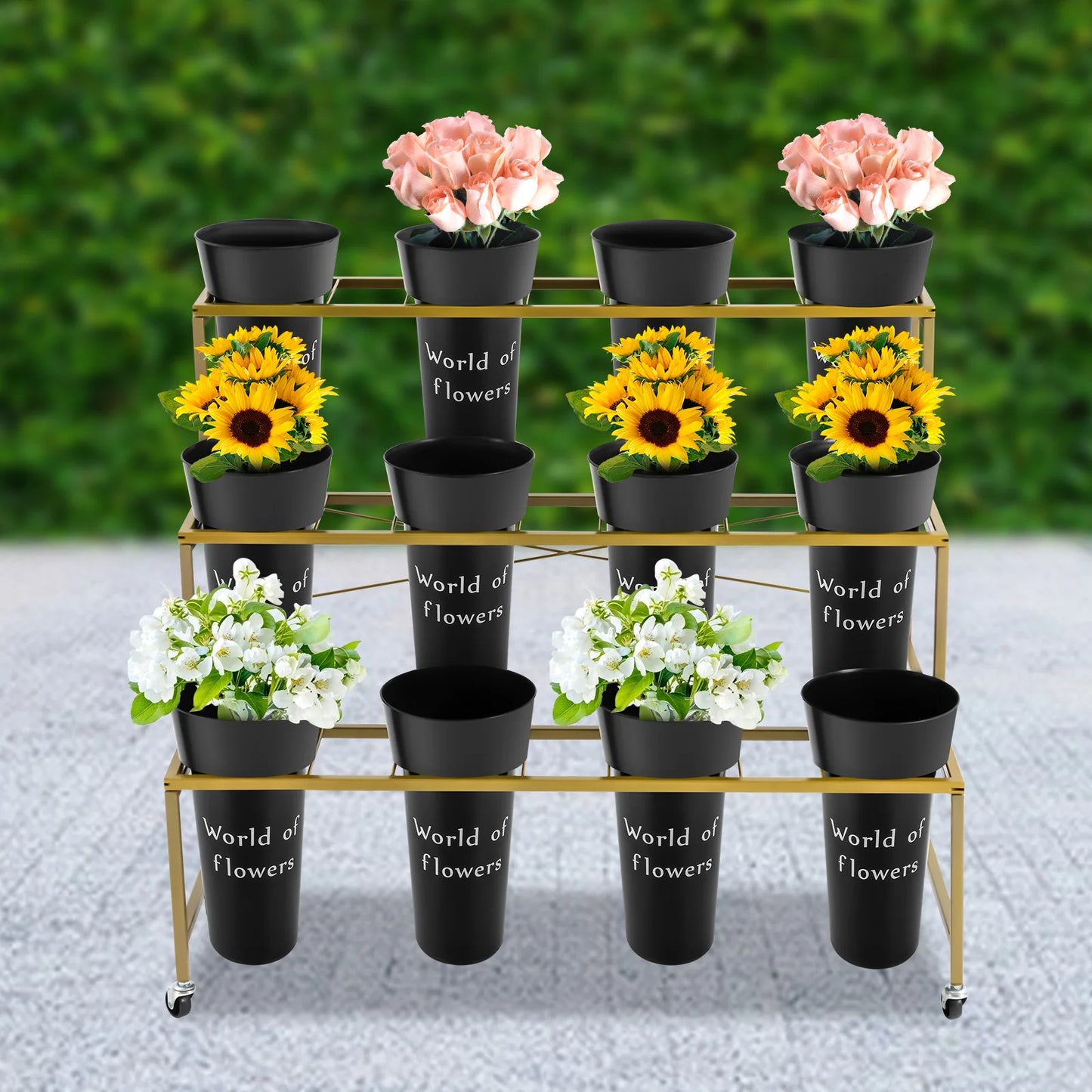 3 Layers Flower Display Stand with 12PCS Black Buckets,Metal Moving Plant Stand with Wheels, Garden Cart Display Flower Shelf