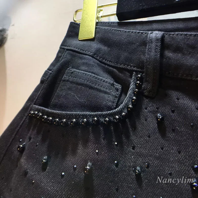 European 2025 Hollow Lace Jeans Women Summer New Black Lace Denim Pants Heavy Industry Beads Hot Diamond Denim Splicing Crochet