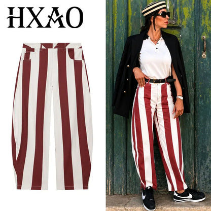 HXAO Women's Jeans Striped Denim Pants Women's High-waisted Jeans Baggy Wide Leg Long Trousers Casual Streetwear Female Bottoms