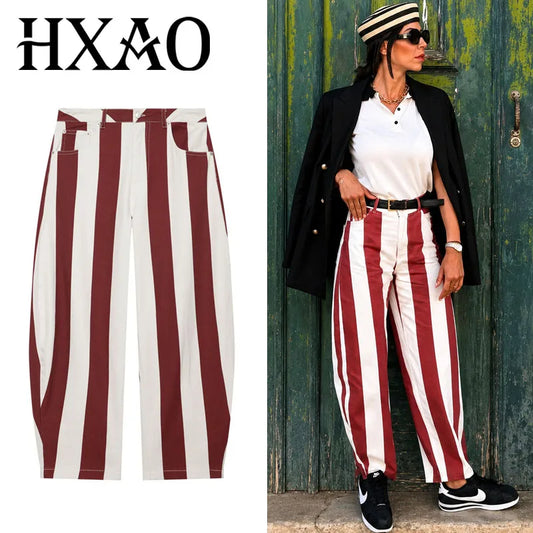 HXAO Women's Jeans Striped Denim Pants Women's High-waisted Jeans Baggy Wide Leg Long Trousers Casual Streetwear Female Bottoms