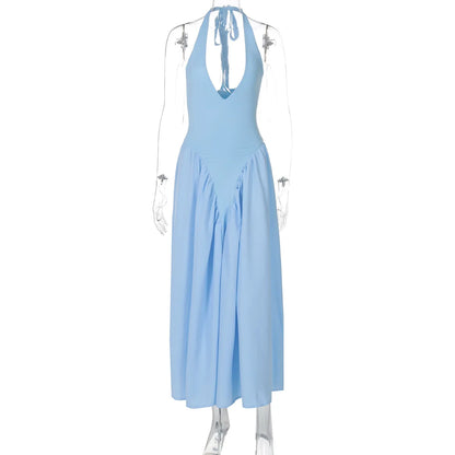 Talenza Backless Deep V Spliced Long Dress Summer Women's Sexy Party Dress Halter New Fashion Slim White Sleeveless Long Dress
