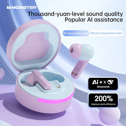 Monster T112 TWS Bluetooth Earbuds AI Multilingual Translation 9D Surround Sound Noise Cancelling Dopamine Color