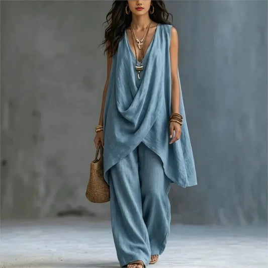 Women's Fashion Cotton Linen Irregular Sleeveless Long Tops 2-piece Set Spring Summer New Casual Wide-leg Trousers Female Suit