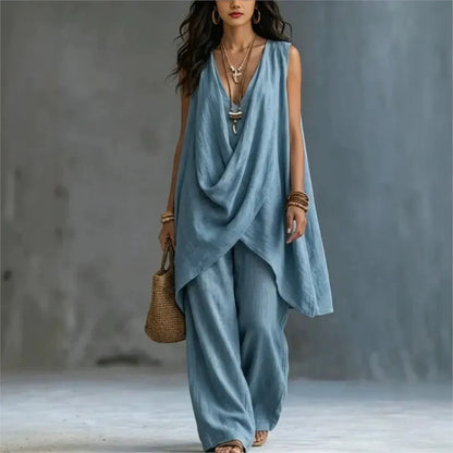 Women's Fashion Cotton Linen Irregular Sleeveless Long Tops 2-piece Set Spring Summer New Casual Wide-leg Trousers Female Suit