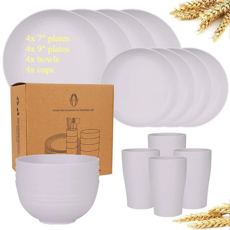 Natural Wheat Straw Tableware Set Dinnerware Sets Biodegradable Unbreakable Plates, Bowls, Cups Lightweight for Kitchen Camping