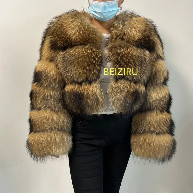 BEIZIRU Women's Short Real Raccoon Fur Coat Winter Long Sleeve Hooded Natural Luxury Thick Jacket for Fashionable Cold Weather