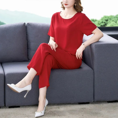 Cotton Silk Suit Summer Women's Sets New Casual Solid Color Short Sleeve Ankle-Length Pants 2 Piece Set Middle Age Mother Outfit