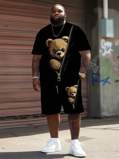 2026 Summer Men 2-Piece Set Fun Cartoon Bear Print Short-Sleeve T-Shirt and Shorts Set Sporty Style Plus Size Fashionable Outfit