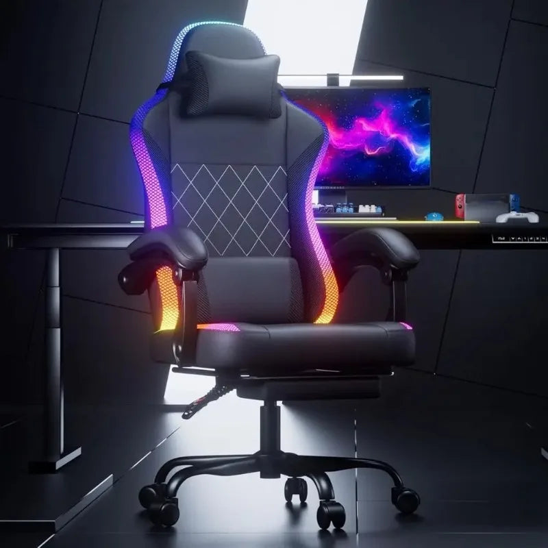 Ergonomic Gaming Chair with Padded Armrests, Lumbar Support, LED Lights - Comfortable PC Gaming Seat for Adults