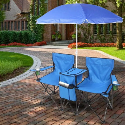 Portable Outdoor 2-Seat Folding Chair With Removable Sun Umbrella Blue