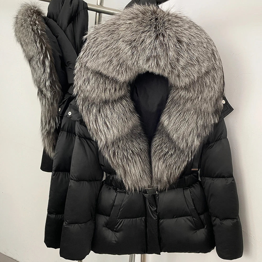 OFTBUY New Fashion Winter Clothes Women Duck Down Coat with Big Natural Fur Collar Belt Hooded Real Fox Fur Puffer Jacket Female