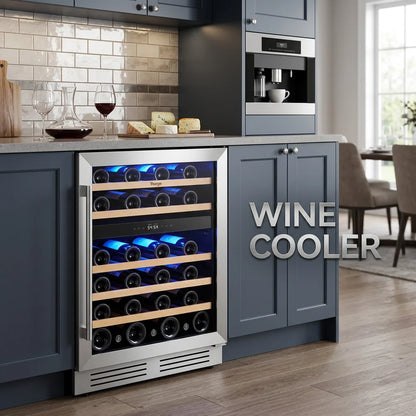 Yeego 52 Bottle Dual Zone Wine Cooler Refrigerator Built In Under Counter Wine Fridge with Compressor Cooling, Adjustable Temperature 40-65°F, Lockable Glass Door LED Light, ETL DOE Certified for Home Kitchen Bar