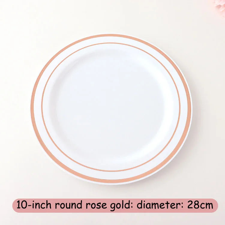 New Multi piece Set - Gold Platter Set, Plastic Tableware, Gold Edge Plate, Knife, Fork, Spoon, Party Wedding Set, Dessert Plate