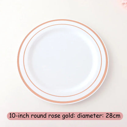 New Multi piece Set - Gold Platter Set, Plastic Tableware, Gold Edge Plate, Knife, Fork, Spoon, Party Wedding Set, Dessert Plate