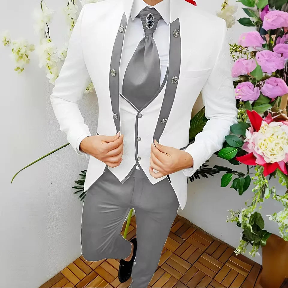 Premium Men's Jacquard Suit White 3pcs Set Wedding Groom Tuxedo Shawl Collar Formal Jacket Vest Pants Beach Party Custom Attire