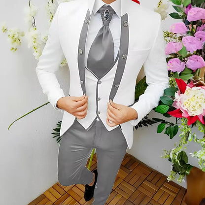 Premium Men's Jacquard Suit White 3pcs Set Wedding Groom Tuxedo Shawl Collar Formal Jacket Vest Pants Beach Party Custom Attire