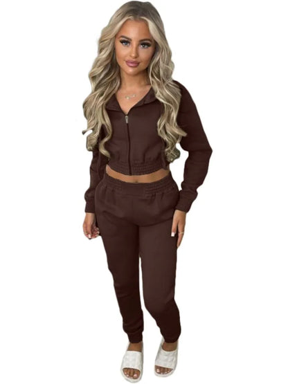 Fleece Hooded Sweatshirt Short Hooded Women's Suit Autumn Winter New Casual Zipper Hoodie Sports Jogging Pants Female 2piece Set