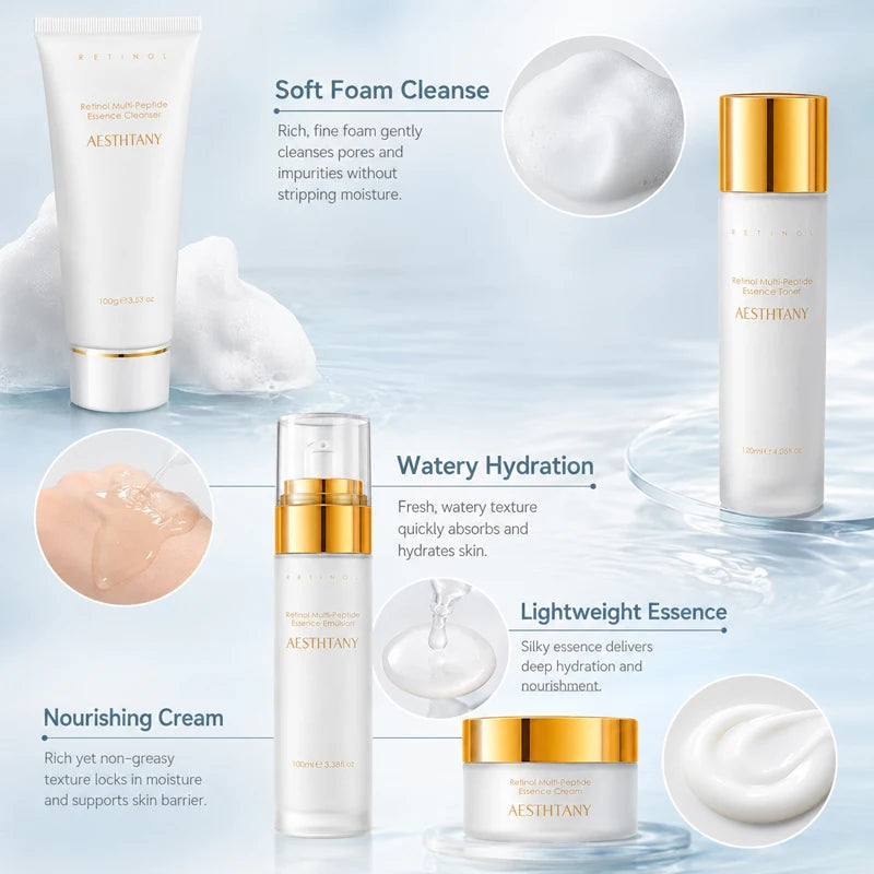 7PCS Retinol Multi-Peptide Skincare Set Hydrating Face Care Routine Gift Box Toner Cleanser Essence Cream Mask for Smooth Glow