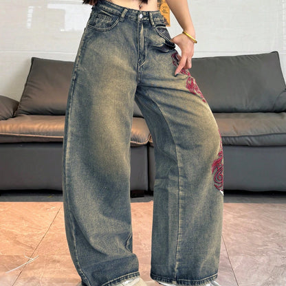 American Street Hot Item Women Vintage Mud Washed Wide Leg Jeans Abstract Side Embroidery High Waist Baggy Y2K Spicy Pants