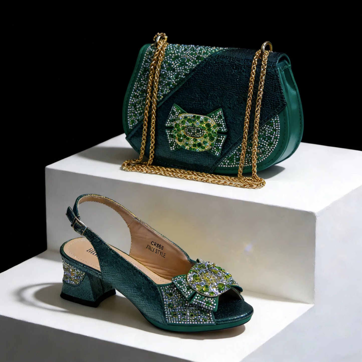 Nigeria Design Open Toe High Heels & Bag Set Gold Color blocking Hot Rhinestones Fashion Elegant Sexy High Heels
