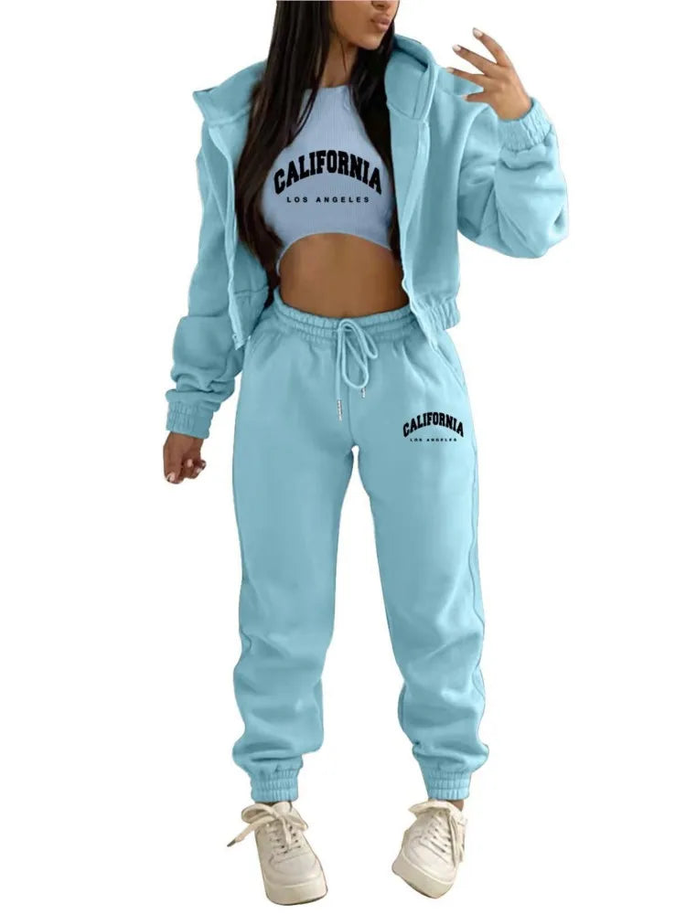 Autumn And Winter New Fleece Hoodie Letter Print Hooded Women's Suit Fashion Loose Casual Sports Pants Female 3 Piece Set 2024