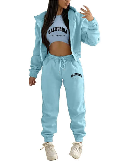 Autumn And Winter New Fleece Hoodie Letter Print Hooded Women's Suit Fashion Loose Casual Sports Pants Female 3 Piece Set 2024