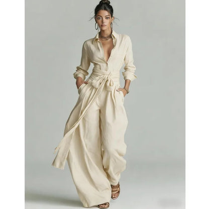 Temperament Female Two Piece Set Summer Fashion Lapel Strap Design Wide Leg Pants Suit With Pocket Lady High Waist Office Outfit