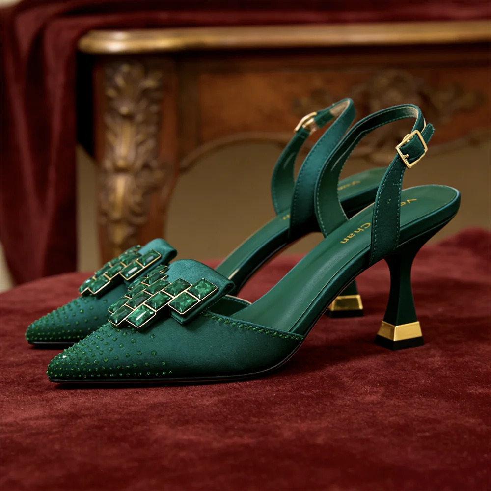 2026 Elegant Green Rhinestone Slingback Heels by Venus Chan - Italian Designed Pointed Toe Bridal Evening Party Shoes