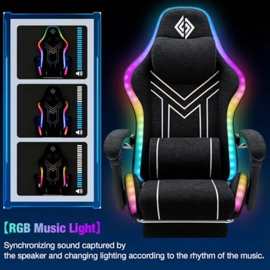 RGB Gaming Chair for Adults: Black Fabric Ergonomic Computer Chair with Music Rhythm LED Lights, Bluetooth Speakers, 155 Reclin