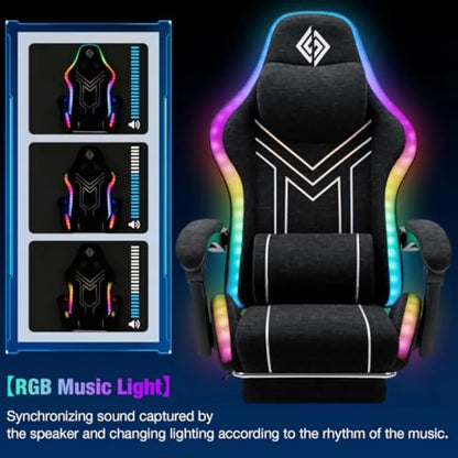 RGB Gaming Chair for Adults: Black Fabric Ergonomic Computer Chair with Music Rhythm LED Lights, Bluetooth Speakers, 155 Reclin