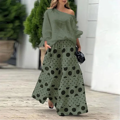 Spring Summer Elegant Fashion Print Women's Set Two-piece Casual One-Neck Off-Shoulder Long-Sleeve Solid Top Loose Culottes Suit