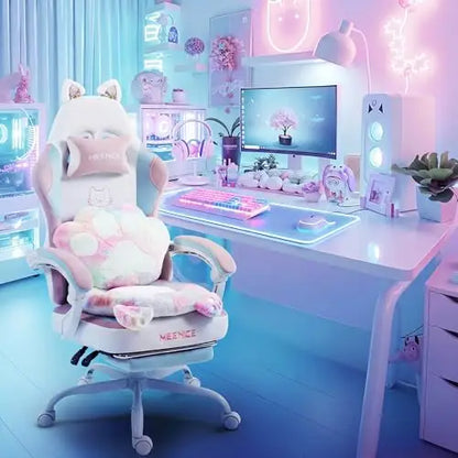 Pink Gaming Chair Cute with Cat Ears Paw Lumbar and Cushion,Ergonomic Computer Chair with Footrest,Reclining PC Game