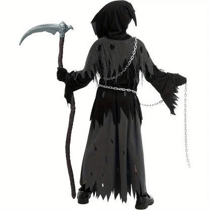 Halloween Costume Glowing Eyes Grim Reaper Costume for Kids 5-12 years Boys Halloween Dress-up Party