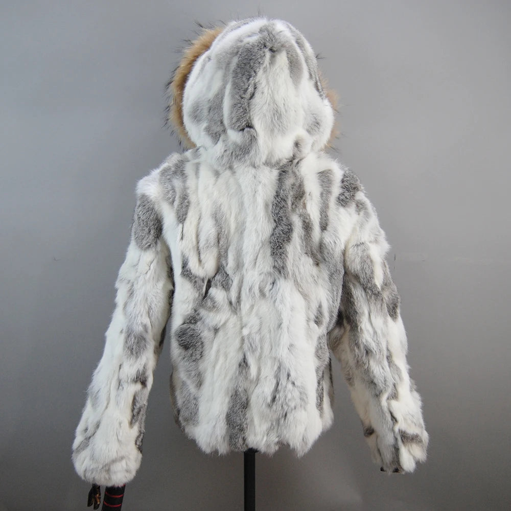New Russian Women Real Rabbit Fur Coats Winter Warm 100% Natural Rabbit Fur Jacket Lady Warm With Raccoon Fur Hooded Outerwear