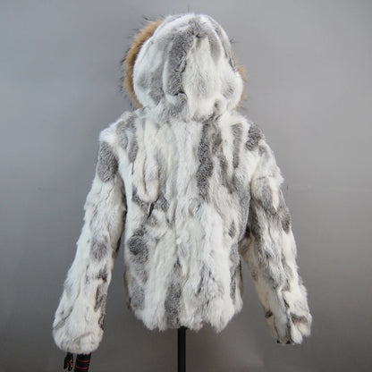 New Russian Women Real Rabbit Fur Coats Winter Warm 100% Natural Rabbit Fur Jacket Lady Warm With Raccoon Fur Hooded Outerwear