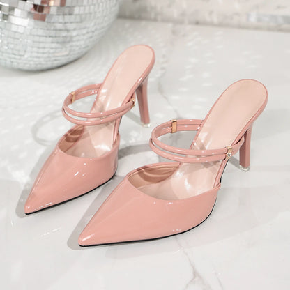 Women Pointed Toe Patent Leather Ankle Strap Stiletto Heel Slide Mules Slip‑On Party Dress Heeled Sandals Nude Pink Large Size