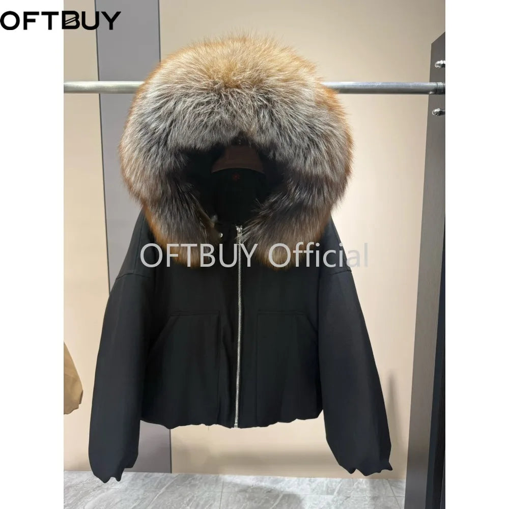 OFTBUY Real Fox Fur Collar Goose Down Jacket Women Cropped Hooded Coat Winter Warm Zipper Natural Fox Fur Thick Outerwear