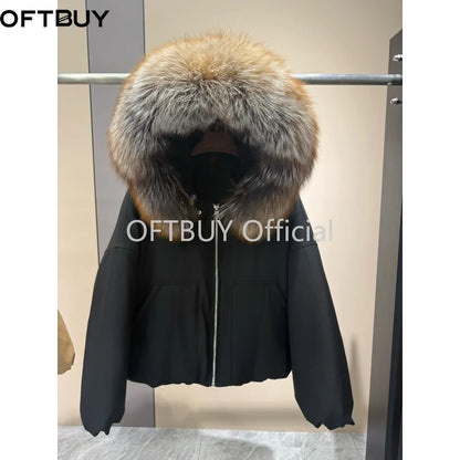 OFTBUY Real Fox Fur Collar Goose Down Jacket Women Cropped Hooded Coat Winter Warm Zipper Natural Fox Fur Thick Outerwear