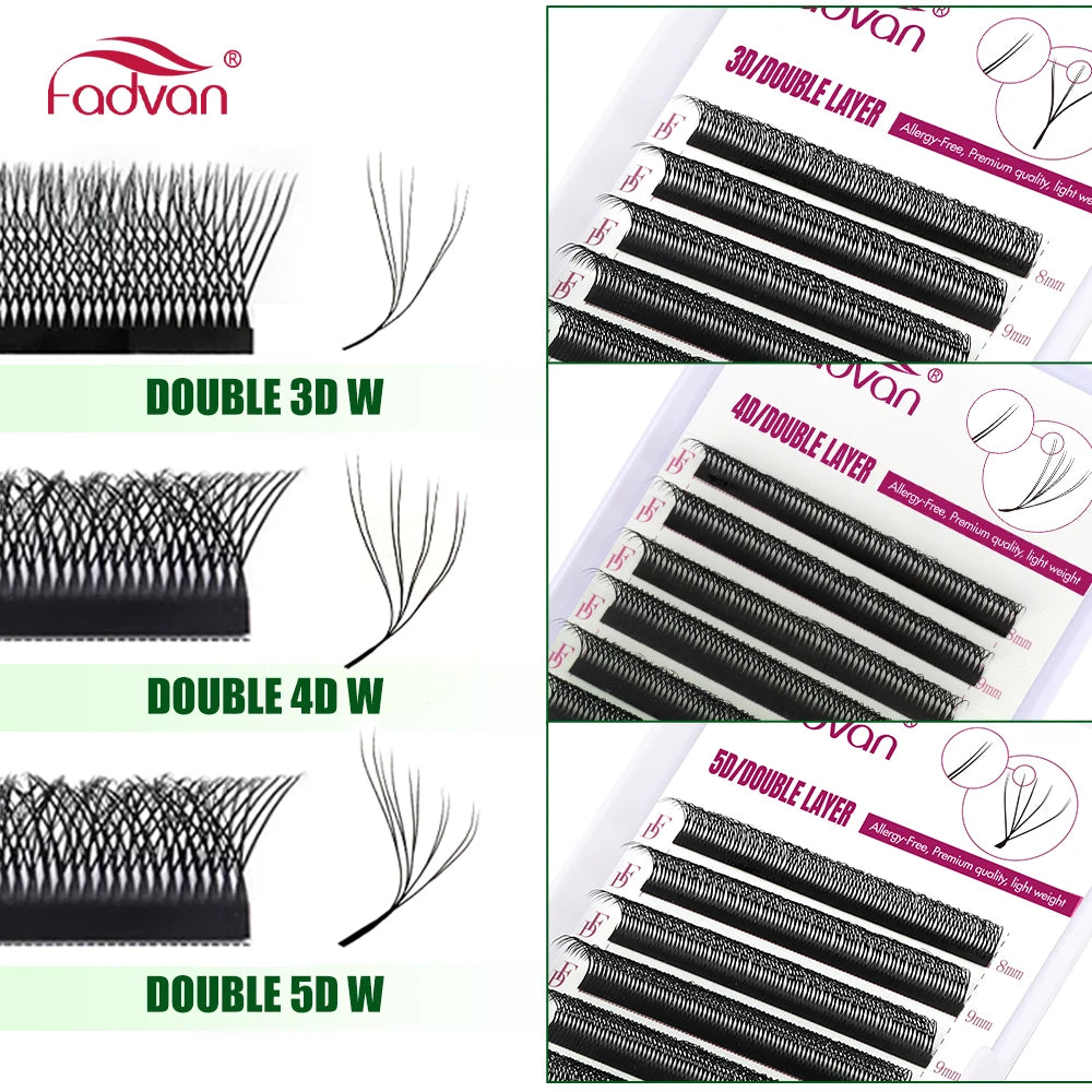 FADVAN 3D/4D/5D W Shaped Double Tips Eyelashes Extensions Natural Softlight Volume Fanning Lashes 0.07 Curl C D Black Eyelashes