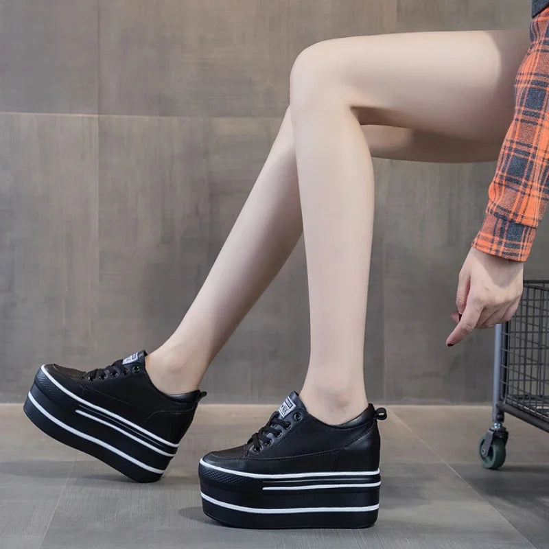 Fujin 10.5cm High Thick Heel Platform Flats Women Casual Shoes Genuine Leather Soft Quality Casual Shoe Sneakers White Black