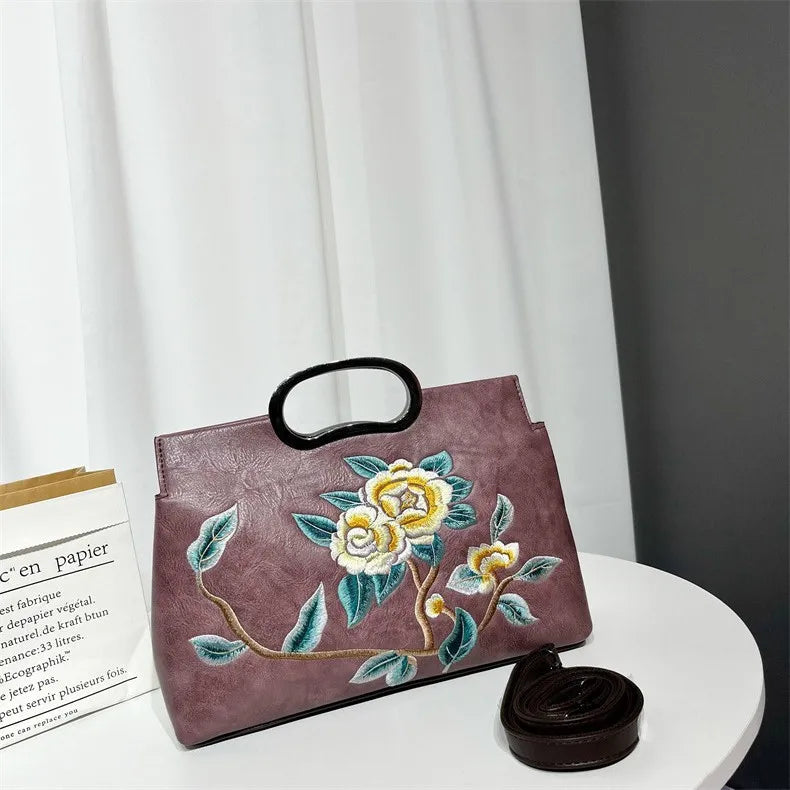 Elegant Women's Handbag Embroidered Peony Print Crossbody Bag Wear-Resistant Fashionable Daily Use Square Shape Zipper Closure