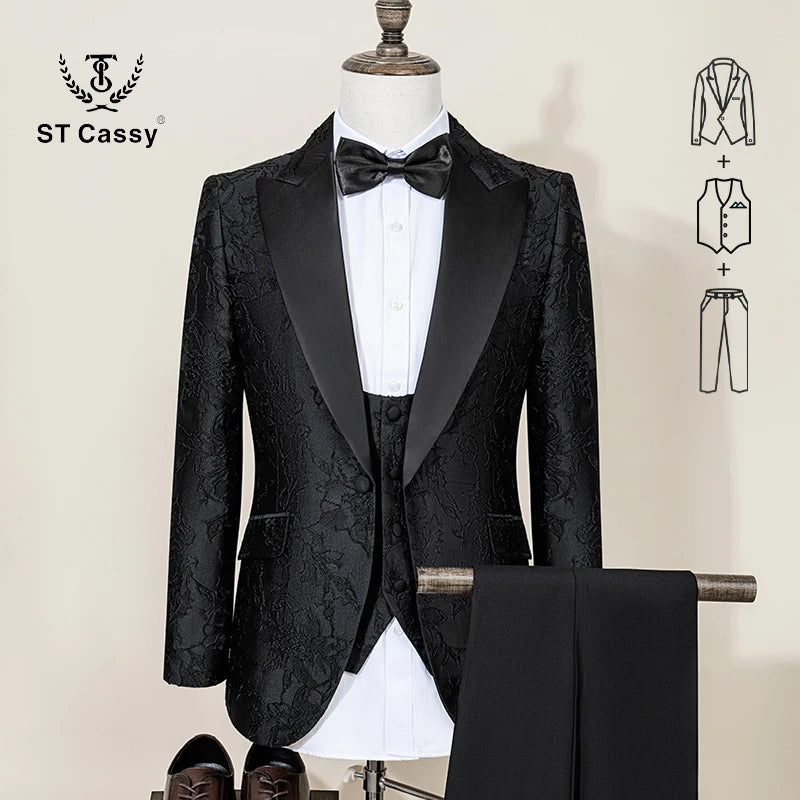 ST Cassy High Quality Luxury Men's Suit 3 Piece Set Dinner Black Party Tuxedo Banquet Attire Fashion Male Groom Wedding